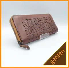 ✱genten（ゲンテン）✱ 長財布 ブラウン 茶 カットワーク ラウンドファスナー 本革 レザー 花柄 抜き加工 大容量 レディース 美品