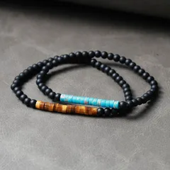 Qroza 天然石 パワーストーン ブレスレット 幅4mm 小粒 マットブラックビーズ 数珠 ターコイズ タイガーアイ フリーサイズ 細め メンズ レディース ペアアクセサリー インディアンジュエリー ヴィンテージ 開運 厄除け 金運 金属アレルギー対応