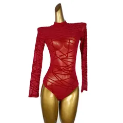 新品 未使用 ラテンダンス衣装 レディース ボディスーツ 赤 レッド 網紗 メッシュ シースルー 植毛加工 長袖 ハイネック レオタード セクシー ステージ衣装 舞台衣装 社交ダンス 練習着 レッスン着 撮影用