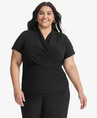 ダナ キャラン ニューヨーク レディース トップス シャツ プラスサイズ 半袖 DKNY Plus Size ShortSleeve FauxWrap Top Black ブラックのサムネイル