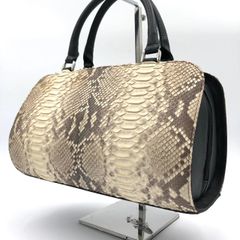 パイソン ヘビ革 ハンドバッグ ミニボストン レザー アイボリー ブラック 中古