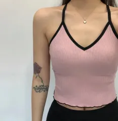 ピンク ブラック バイカラー 紐 ノースリーブ クロップドトップス