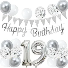 19歳 誕生日 バルーン 風船 セット 大きい 40inch シルバー 誕生日 数字 バルーン 付け 約100cm ハッピー バースデー HAPPY BIRTHDAY ガーランド 12inch シルバー ホワイト 風船18pcs 飾り付け セット 子供 女の子