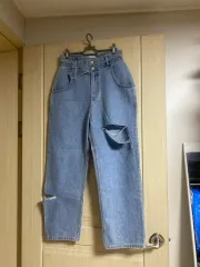 新品 ハイウエスト ダブルボタン ダメージデニム ワイド デニム