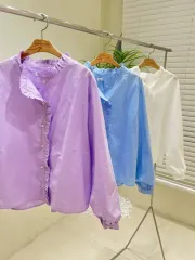 フリル ネック ブラウス PURPLE パープル/ブルー/白