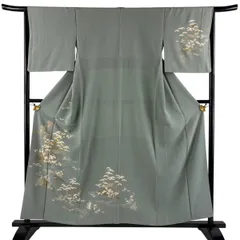 訪問着 身丈155.5cm 裄丈65cm M 袷 松竹梅 流水 金糸 金彩 灰緑 正絹 秀品 一つ紋 【中古】のサムネイル