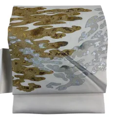 名古屋帯 秀品 霞 金銀糸 金銀彩 クリーム 正絹 【中古】