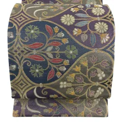 【美品】 袋帯 秀品 花唐草 幾何学 金糸 箔 紺色 六通 正絹 【中古】