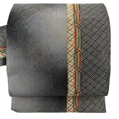 名古屋帯 秀品 八寸名古屋帯 網代 幾何学 金糸 黒灰 正絹 【中古】