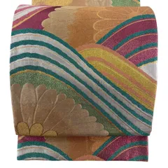 【美品】 袋帯 秀品 振袖向き 菊 波 金銀糸 箔 濃ピンク 六通 正絹 【中古】