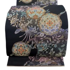 【美品】 袋帯 秀品 関西仕立て 華文 向かい鳥 金糸 箔 焦茶色 六通 正絹 【中古】