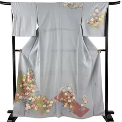訪問着 身丈163.5cm 裄丈66.5cm M 袷 松井青々 落款 菊 紗綾形 金彩 ぼかし 水色 正絹 名品 一つ紋 【中古】のサムネイル