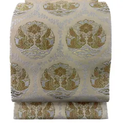 【美品】 袋帯 名品 向かい鳥 草花 金糸 唐織 ベージュ 六通 正絹 【中古】