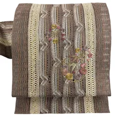 名古屋帯 秀品 やまと 夏帯 松葉仕立て 八寸名古屋帯 花丸文 華文 金銀糸 刺繍 薄小豆 正絹 【中古】