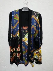 パータン プリンティング ブラック ロング カーディガン