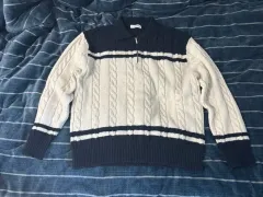 エイトセカンズ ハーフジップアップニット XL 白/ネイビー