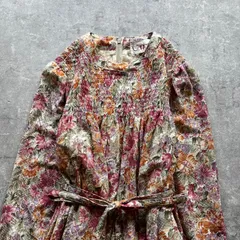 昭和レトロ 花柄ロングワンピース くすみピンク総柄 長袖腰紐付きフレアシルエット