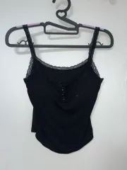 ブラック レース 紐 ノースリーブ ブラウス パッド付き