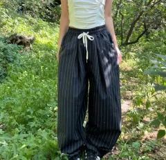 ワイド ストライプ コットンパンツ ネイビー