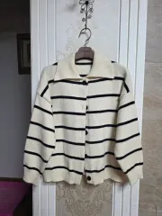 0126)ストライプカーディガン アイボリー ブラック