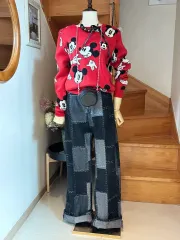 ミッキーマウス 赤色 ニット + パッチ デニム パンツ