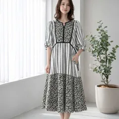 【新品/細見え】SILENT WORTH ブラック モノトーン エスニック柄 切替 マキシ ワンピース M ｜ 5分袖 パイピング レディース ロング ゆったり 体型カバー きれいめ カジュアル 大人可愛い 春 夏 秋