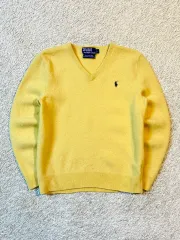 レディース L ポロ ラルフローレン ブラックポニー ラムウール Vネック ニット イエロー