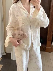 夜用コットン 犬 花柄 長袖 パジャマ セット