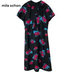 ●棚番号I-3 良品　mila schon ミラショーン　花柄　半袖で　ワンピース　40サイズ　L 黒地に赤い花　ブラック　フラワー　膝丈　レトロ