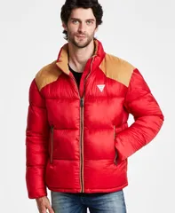 ゲス メンズ アウター ジャケット・ブルゾン GUESS Mens Larry Fabric Block Puffer Jacket Chili Red Multi レッドのサムネイル