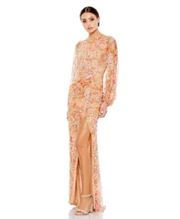 マックダガル レディース トップス ワンピース フラワー柄 プリント スパンコール フラワー Mac Duggal Womens Floral Print Sequined Puff Sleeve Gown Apricot アプリコット