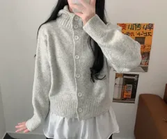 ハイネックニット ボタン フード カーディガン