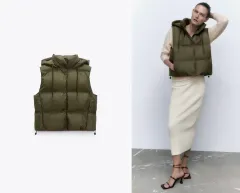 ザラ ショート パファー ダウン ベスト カーキ M