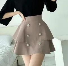 ダブル ボタン フレア ティアード ミニ スカート ベージュ