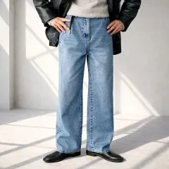 メンズ ライトブルー ハーフバンディング ストレートフィット デニム