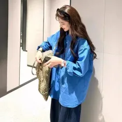 ユニセックス ブルー 青 オーバーサイズ シャツ 1 (M L XL 2XL)