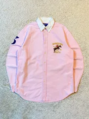 レディース L ポロ ラルフローレン ビックポニー ロゴ バイカラー Oxford シャツ ピンク