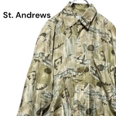 ●棚番号AG-3 St. Andrews セントアンドリュース　総柄　シャツ　光沢　薄手　長袖　Mサイズ　古着 ビンテージ　ヴィンテージ　古着