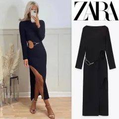タグ付き新品 ZARA ザラ ブラック カットアウト ロング ワンピース S サイドスリット チェーン From パーティー ドレス