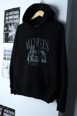 (L-XL) スタンダード フード付きTシャツ 猫プリンティング ブラック 起毛-17419