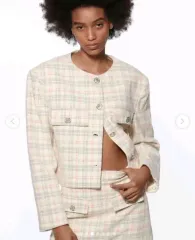 ZARA ザラ チェック クロップド ブレーザー ツイード ジャケット アイボリー ピンク 肩パッド