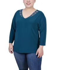 ニューヨークコレクション レディース トップス シャツ プラスサイズ NY Collection Plus Size Tunic Top with Illusion Neckline and Stones Fanfare