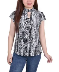 ニューヨークコレクション レディース トップス シャツ モックネック プチ NY Collection Petite Short Flutter Sleeve Mock Neck Top Black Leosnake ブラック