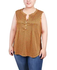 ニューヨークコレクション レディース トップス シャツ プラスサイズ ノースリーブ ニット NY Collection Plus Size Sleeveless Knit Y neck Top GoldTone Black Animal ブラック