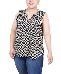 ニューヨークコレクション レディース トップス シャツ プラスサイズ ノースリーブ ニット NY Collection Plus Size Sleeveless Knit Y neck Top Black GoldTone Harlie ブラック