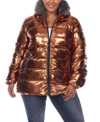 ホワイトマーク レディース アウター ジャケット・ブルゾン プラスサイズ トール コート パーカー White Mark Plus Size Metallic Puffer Coat with Hoodie Bronze メタリック