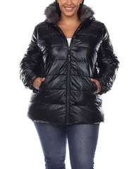 ホワイトマーク レディース アウター ジャケット・ブルゾン プラスサイズ トール コート パーカー White Mark Plus Size Metallic Puffer Coat with Hoodie Black ブラック