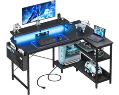 【即日発送】コンセント付き パソコンデスク RGBライト l字デスク 棚付き ゲーミングデスク デスク 袋付き 机 幅100 pcデスク モニター台 desk AODK 収納 オフィスデスク 在宅勤務 仕事用 組立簡単 カーボンブラックのサムネイル