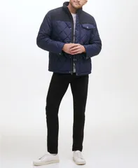 コールハーン メンズ アウター ジャケット・ブルゾン コート Cole Haan Mens Mixed Media Diamond Quilt with Faux Sherpa Lining Coatのサムネイル
