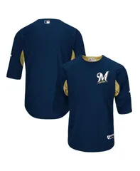 マジェスティック メンズ トップス シャツ ジャージー Majestic Mens Navy and GoldTone Milwaukee Brewers Authentic Collection OnField 3 and 4Sleeve Batting P